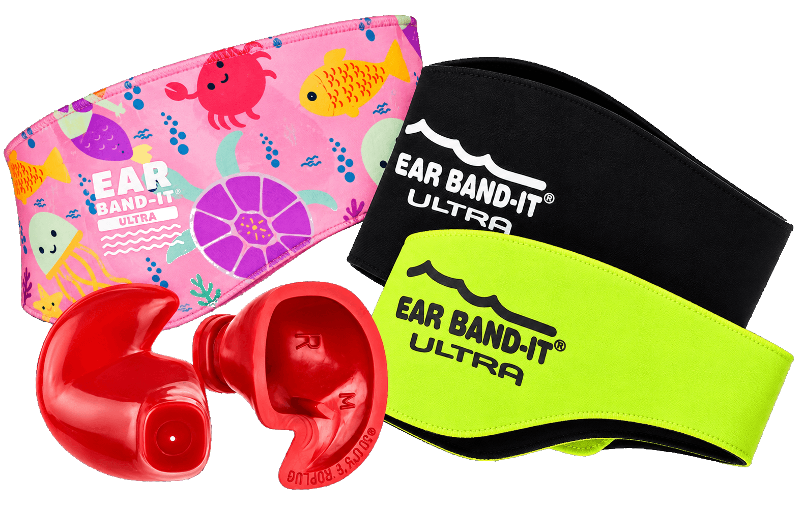 Tapones de oído rojos y bandas protectoras Ear Band-It en rosa, negro y amarillo